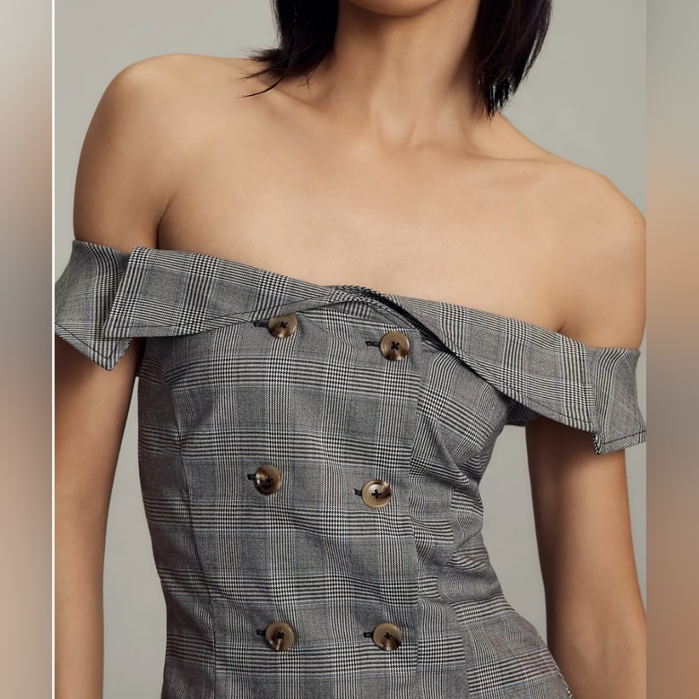 Anthropologie Maeve Off-The-Shoulder Button-Front Menswear Romper - Picture 4 of 5